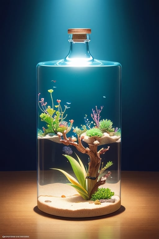 super detailed,Super realistic,double exposure,editorial photograph,depth of field,a very-small aquarium fish swimming in a bottle,indirect lighting light,Pots of cactus,on table,Japandi style interior