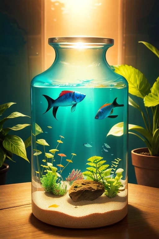 super detailed,Super realistic,double exposure,editorial photograph,depth of field,a very-small aquarium fish swimming in a bottle,indirect lighting light,Pots of houseplants,on table,