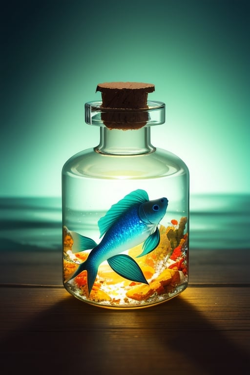 super detailed,Super realistic,double exposure,editorial photograph,depth of field,a very-small aquarium fish swimming in a bottle,in hand,indirect lighting light,