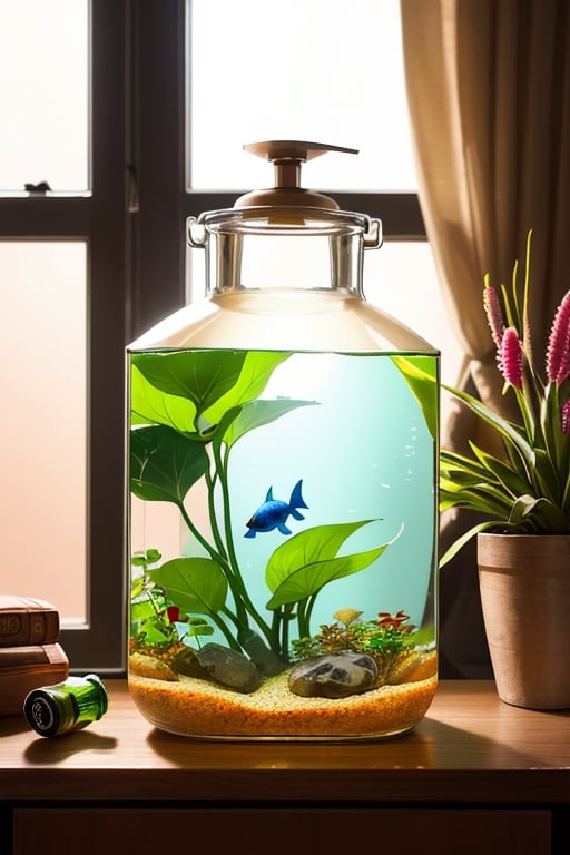 super detailed,Super realistic,double exposure,editorial photograph,depth of field,a very-small aquarium fish swimming in a bottle,indirect lighting light,Pots of houseplants, bottles lined up,