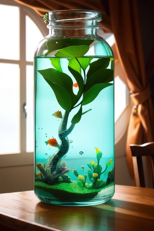 super detailed,Super realistic,double exposure,editorial photograph,depth of field,a very-small aquarium fish swimming in a bottle,indirect lighting light,Pots of cactus,on table,stylish interior