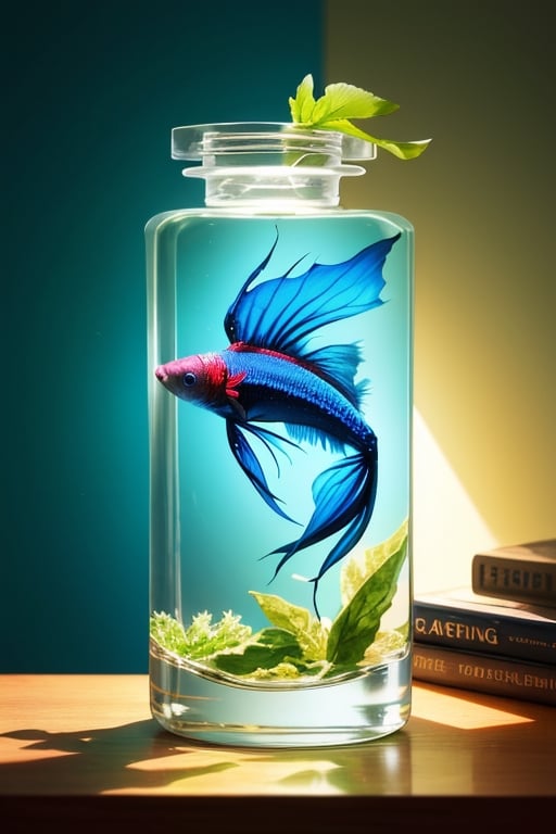 super detailed,Super realistic,double exposure,editorial photograph,depth of field,a small betta swimming in a bottle,on desk,indirect lighting light,