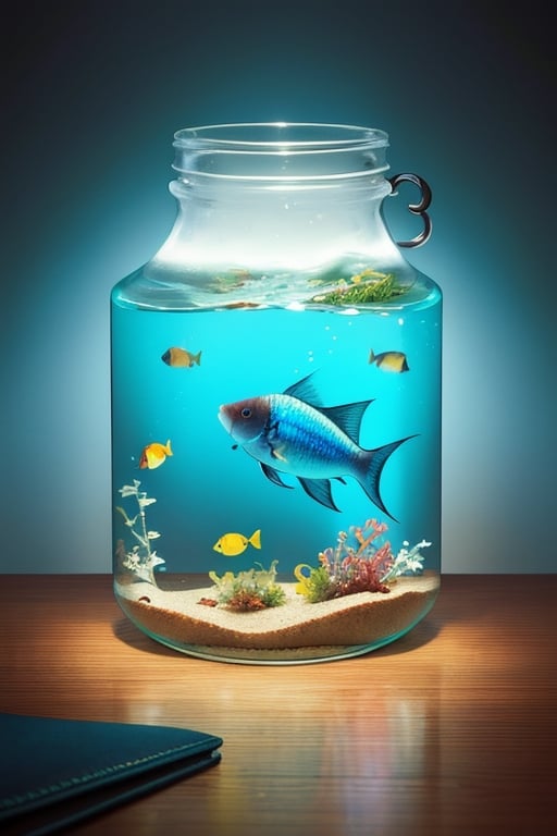 super detailed,Super realistic,double exposure,editorial photograph,depth of field,a very-small aquarium fish swimming in a bottle,indirect lighting light,on table,stylish interior,stationery,