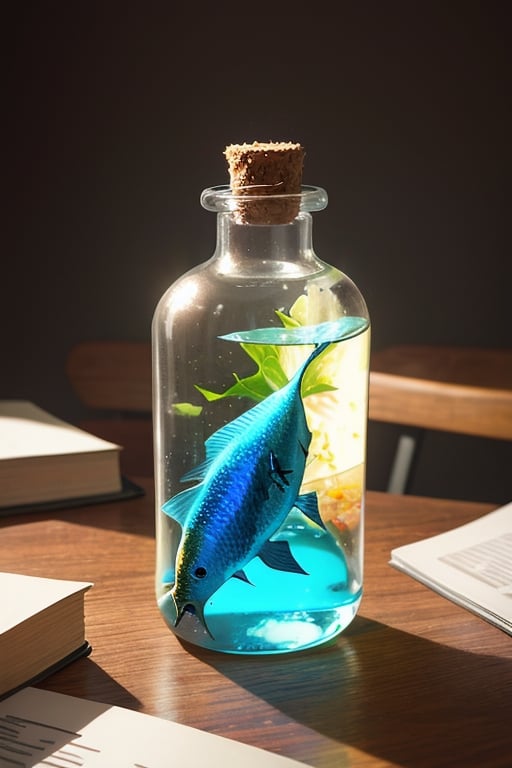 super detailed,Super realistic,double exposure,editorial photograph,depth of field,a very-small fish swimming in a bottle,on desk,indirect lighting light,