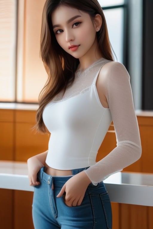 (realistic:1.4) professional photography: of a Handsome Women,wear jeans and top UHD, perfect white balance, Alberto, Canon EOS R6, Prime lens photography, perfectly balanced dim lighting, Real human skin, White balance, Sharp details , xxmix girl