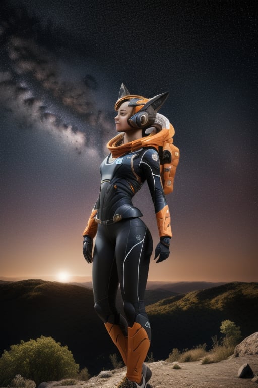 Masterpiece, Best Quality, High resolution, Ultra-detailed,Girl standing on a hill overlooking the sky, stars planets selfie full figure 32k,hyper detail, hyper quality, hyper detail equipment,8k,Accurate anthro Anatomy,Enchant Color,Dynamic Lighted space