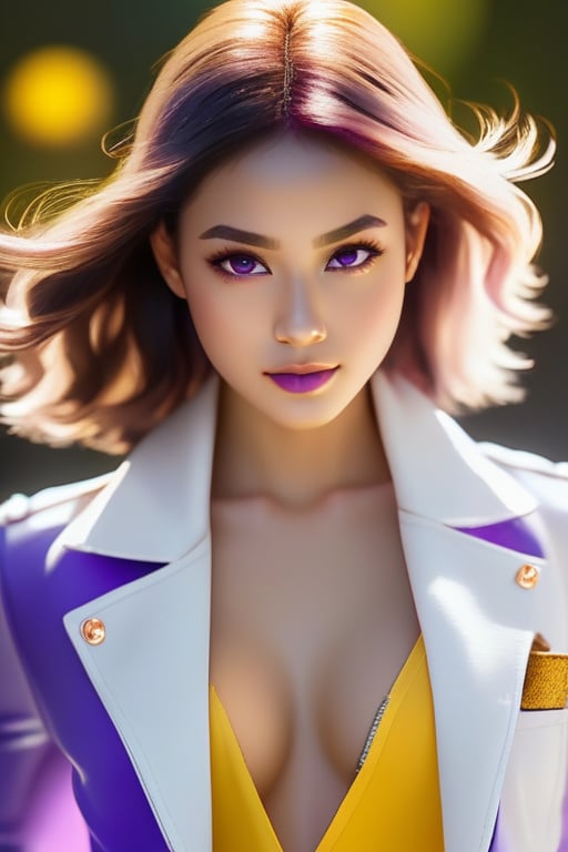 (realistic:1.4) professional photography: of a beautiful Women,wear purple jeans, yellow top and white jacket,medium breast,  UHD,full view, dynamic angle,dynamic pose, Canon EOS R6, Prime lens photography, perfectly balanced dim lighting, Real human skin, White balance, Sharp details , xxmix girl,OHWX WOMAN,OHWX 