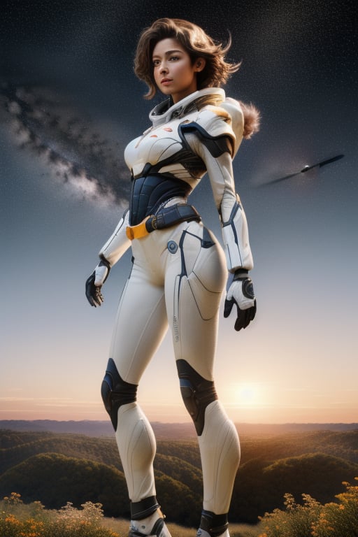 ((Masterpiece)), Best Quality, High resolution, Ultra-detailed,Girl standing on a hill overlooking the sky, upper figure, stars planets 32k,hyper detail,meadium breast, hyper quality, hyper detail equipment,8k,Accurate anthro Anatomy,Enchant Color,Dynamic Lighted space