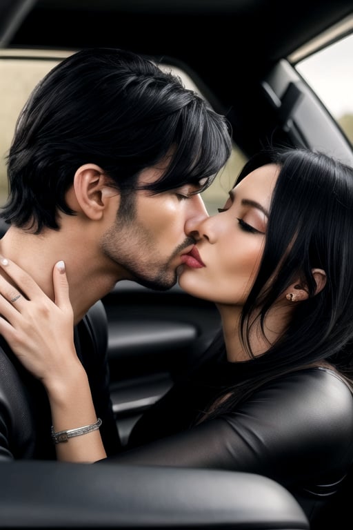 man kiss women in love in super car, full view, Man's Stylish black hair,lady's blond hair, hyper realistic ultra 4k quality,High def, ultra detailed