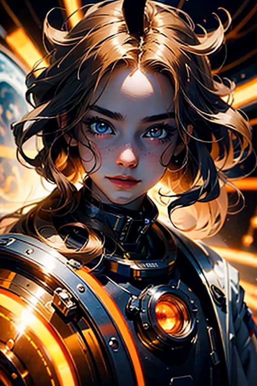 (masterpiece), selfie, centered, Instagram able, steampunk astronaut 1girl, cute smile, red ribbon,full view, long wavy hair, blonde hair, red eyes, steampunk spaceship interior, space background, stray hair, fisheye effect, backlight, dynamic lighting, reflection, depth of field, ultra detailed, intricate, (epic composition, epic proportion), professional work,FF,mecha