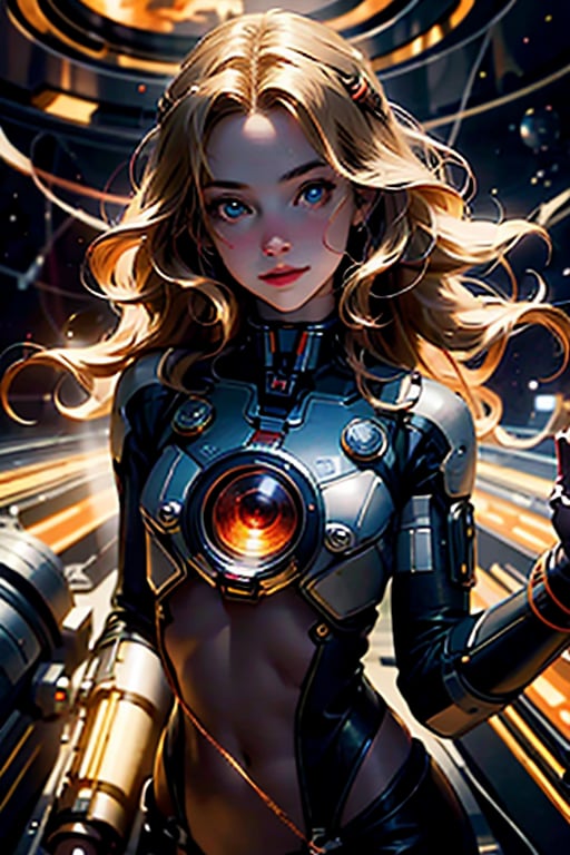 (masterpiece), selfie, centered, Instagram able, steampunk astronaut 1girl, cute smile, red ribbon, long wavy hair, blonde hair, red eyes, steampunk spaceship interior, space background, stray hair, fisheye effect, backlight, dynamic lighting, reflection, depth of field, ultra detailed, intricate, (epic composition, epic proportion), professional work,FF,mecha