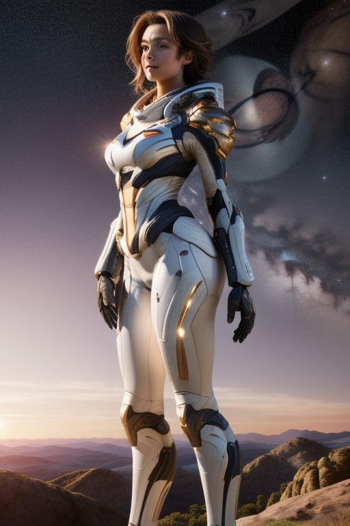 Masterpiece, Best Quality, High resolution, Ultra-detailed,Girl standing on a hill overlooking the sky, full figure, stars planets 32k,hyper detail,meadium breast, hyper quality, hyper detail equipment,8k,Accurate anthro Anatomy,Enchant Color,Dynamic Lighted space