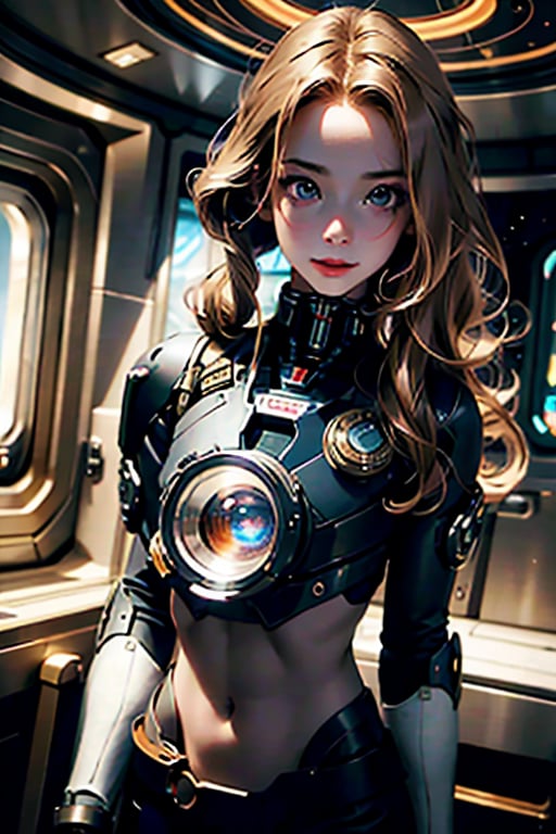 (masterpiece), selfie, centered, Instagram able, steampunk astronaut 1girl, cute smile, red ribbon, long wavy hair, blonde hair, red eyes, steampunk spaceship interior, space background, stray hair, fisheye effect, backlight, dynamic lighting, reflection, depth of field, ultra detailed, intricate, (epic composition, epic proportion), professional work,FF,mecha