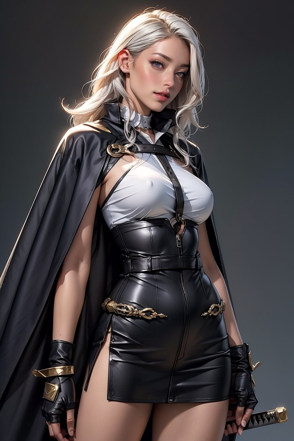 photorealistic, (hyperrealistic:1.2), beautiful, masterpiece, large breast, best quality, perfect lighting, , derpd, 1girl, ground, weapon, sword, long hair, gloves, armor, fingerless gloves, cape, weapon on back, face, bag, sheathed, white hair, standing, scabbard, katana, ripped clothes, cowboy shot, detailed hands and fingers,perfecteyes