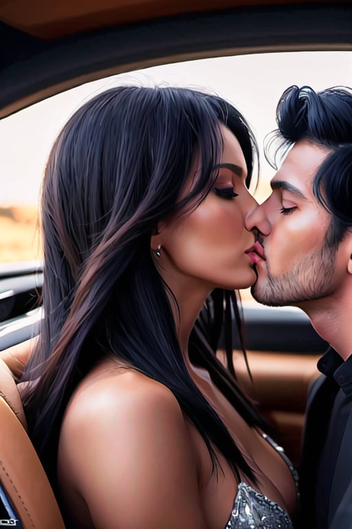 man kiss women in love in super car, full view, Man's Stylish black hair,lady's blond hair, hyper realistic ultra 4k quality,High def, ultra detailed