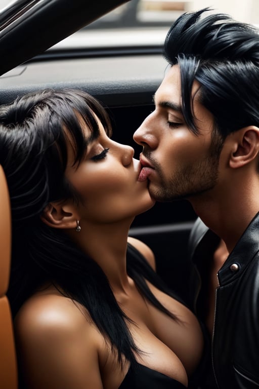 man kiss women in love in super car, full view, Man's Stylish black hair,lady's blond hair, hyper realistic ultra 4k quality,High def, ultra detailed