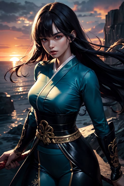 lady Samurai with blue and greenfolly covered body holding two sided long gold sword good body figure standing on the edge of cliff with sunset in the background (best quality, masterpiece, colorful, dynamic angle, highest detailed),detailed eyes, dressing high detailed (high resolution textures), in dynamic pose, (intricate details, hyperdetailed:1.15), detailed, sunlight passing through hair, colorful splash art background, (high contrast,extreme detailed, highest detailed),