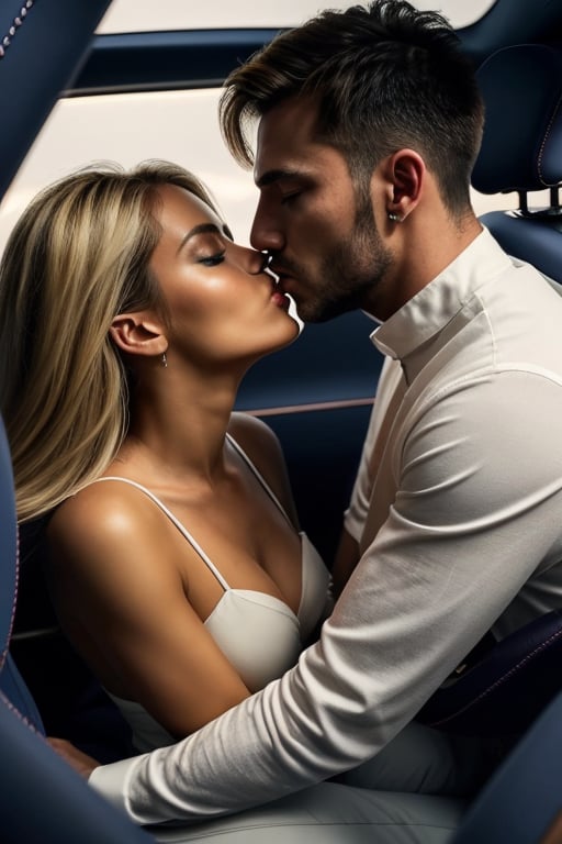 man kiss women in love in super car,ful view, Man's Stylish hair,lady's blond hair, hyper realistic ultra 4k quality,High def, ultra detailed