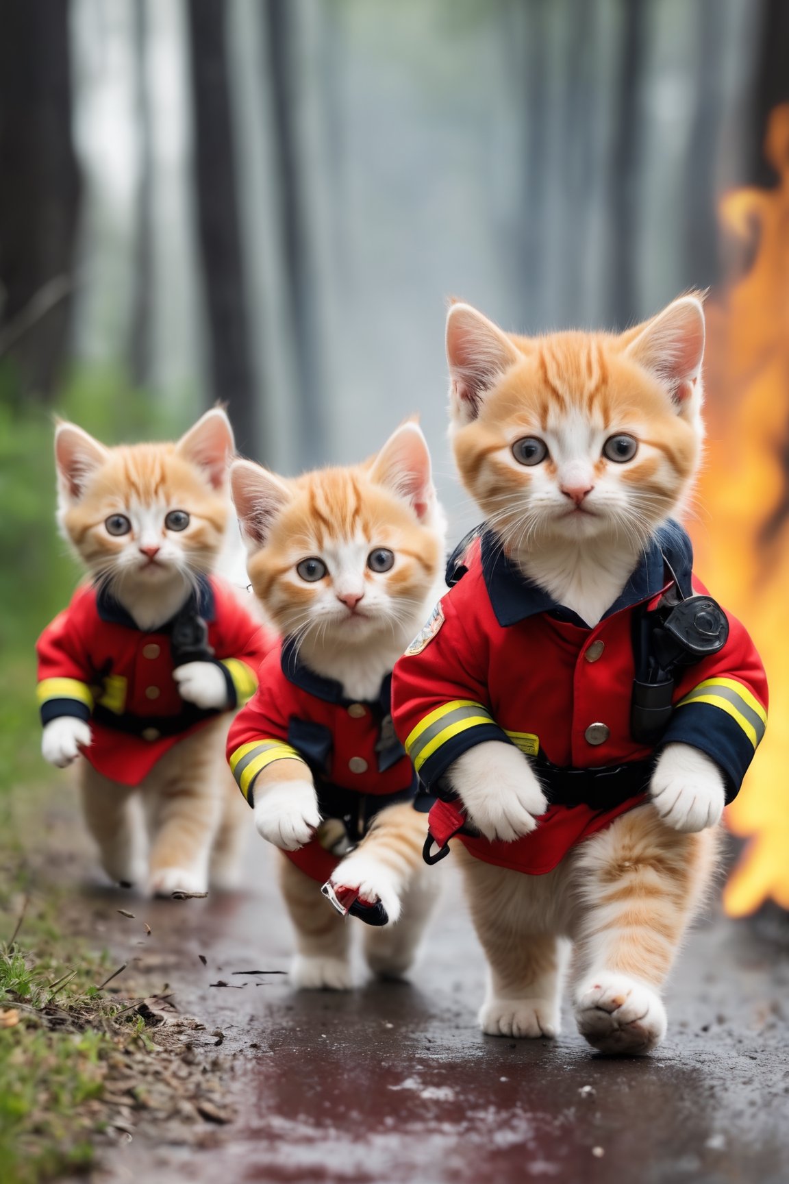 blurry background, kittens in line, wearing firemen uniform, walking like human, forest fires