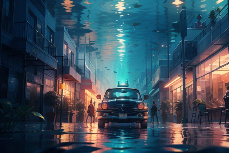 (((masterpiece))),(((best quality))),((ultra-detailed)),((underwater)),(illustration),(beautiful detailed water),((coral)),(underwater world), picture of an underwater scene with a sci-fi 50s style metal house in oval form, underwater town, underwater car, 50s style old chevy, underwater shop, underwater people in diving suits, the underwater environment, the 50s style shopping mall, (submarine and a sharks swims from afar), ((sea turtles)), ((jellyfish)), ((fish)), many colorful sea fish, works of masters, super high resolution, depth of field, telephoto lens, abstract background, sea, liquid background, colorful bubbles, fantasy, Cinematic Lighting, Ambiance Lighting, Natural Light, Extremely Detailed CG Unity 8k Wallpaper, Oil Painting, Award Winning Photography, (Vision), Depth of Field, OC, Glow, Chromatic Aberration, annimation style, Very detailed