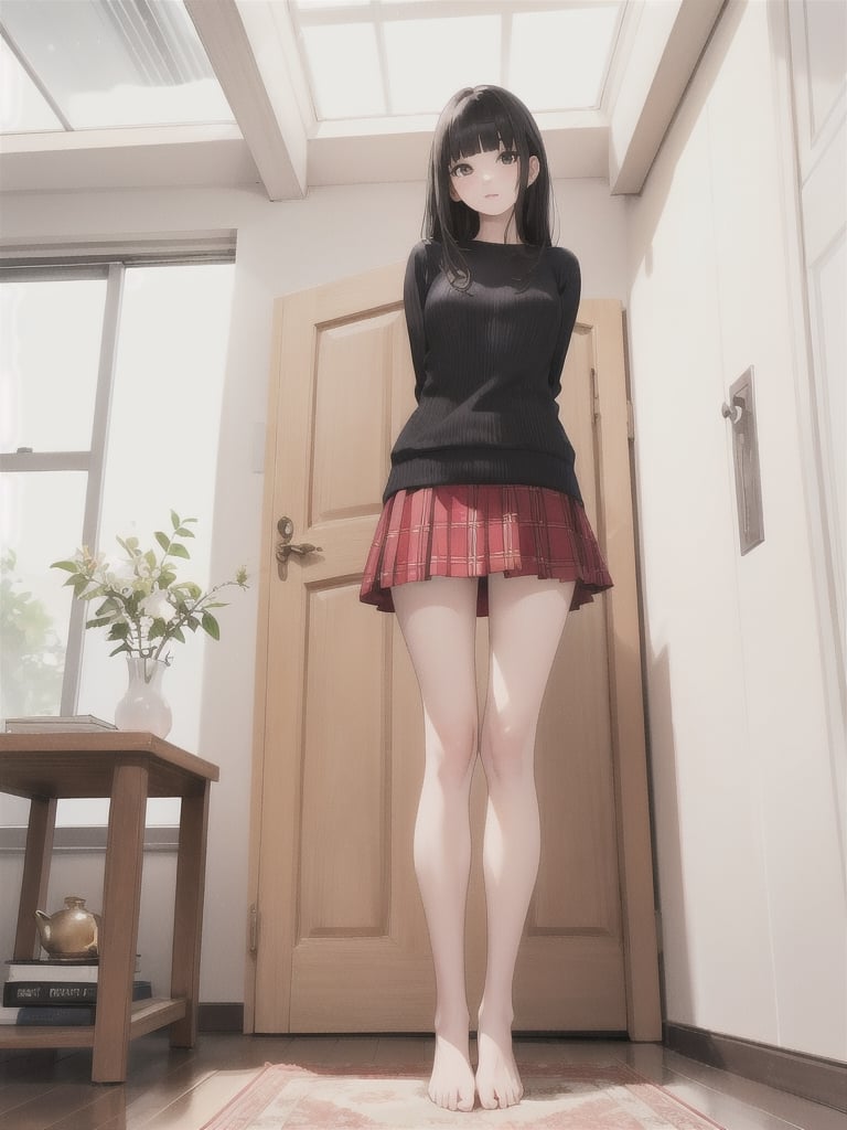 1girl, solo, long hair, bangs, skirt, black hair, standing, full body, barefoot, indoors, blunt bangs, feet, sweater, legs, book, bare legs, arms behind back, realistic