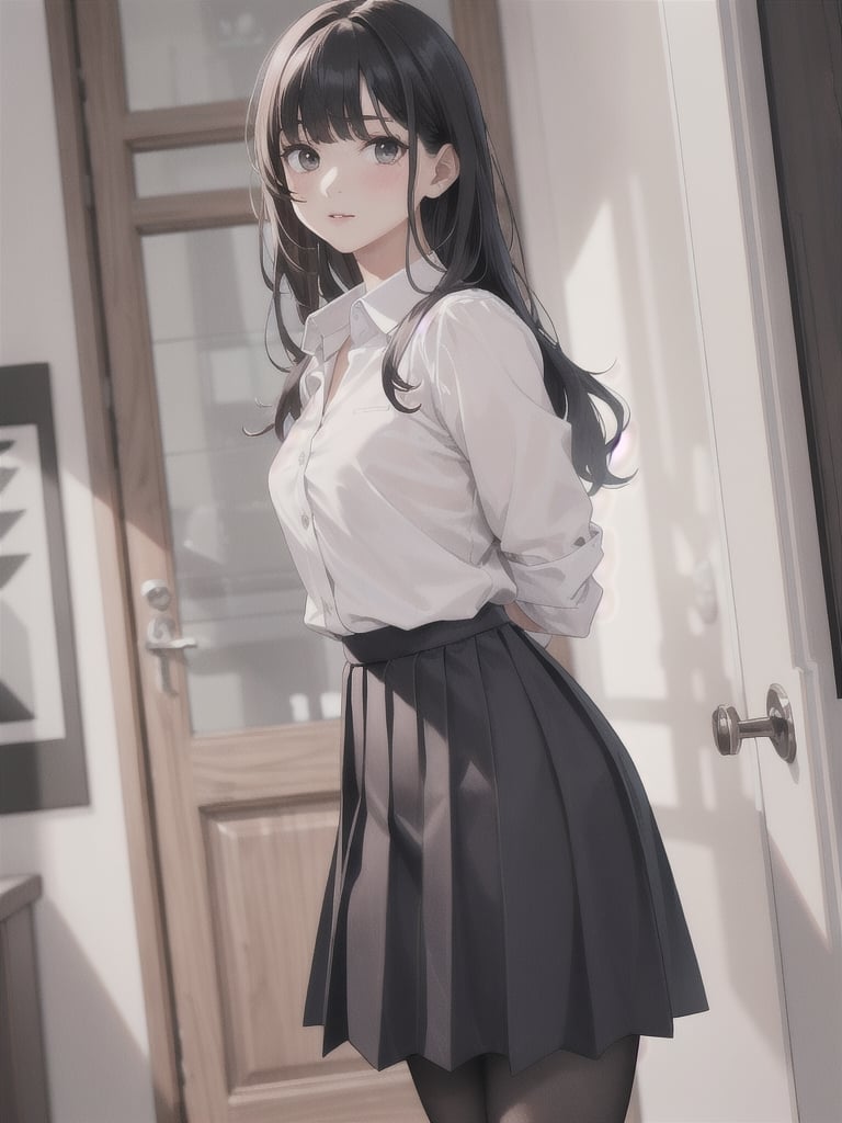 1girl, solo, long hair, looking at viewer, bangs, skirt, shirt, black hair, white shirt, pantyhose, pleated skirt, indoors, arms behind back, realistic, door