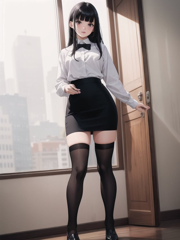 1girl, solo, long hair, looking at viewer, bangs, skirt, shirt, black hair, thighhighs, long sleeves, standing, full body, white shirt, black thighhighs, indoors, blunt bangs, black skirt, pencil skirt, realistic, over-kneehighs