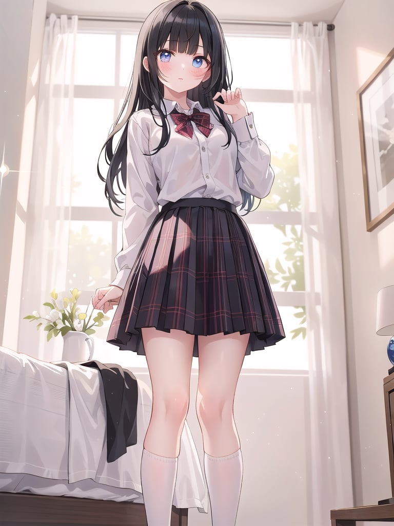 A young girl with long, black hair and blunt bangs stands confidently on a bed, looking directly at the viewer. Her eyes sparkle as she holds her hand up, showcasing her white collared shirt and pleated plaid skirt. The soft lighting illuminates the scene, casting a warm glow indoors. Her feet are partially out of frame, adding to the sense of intimacy.