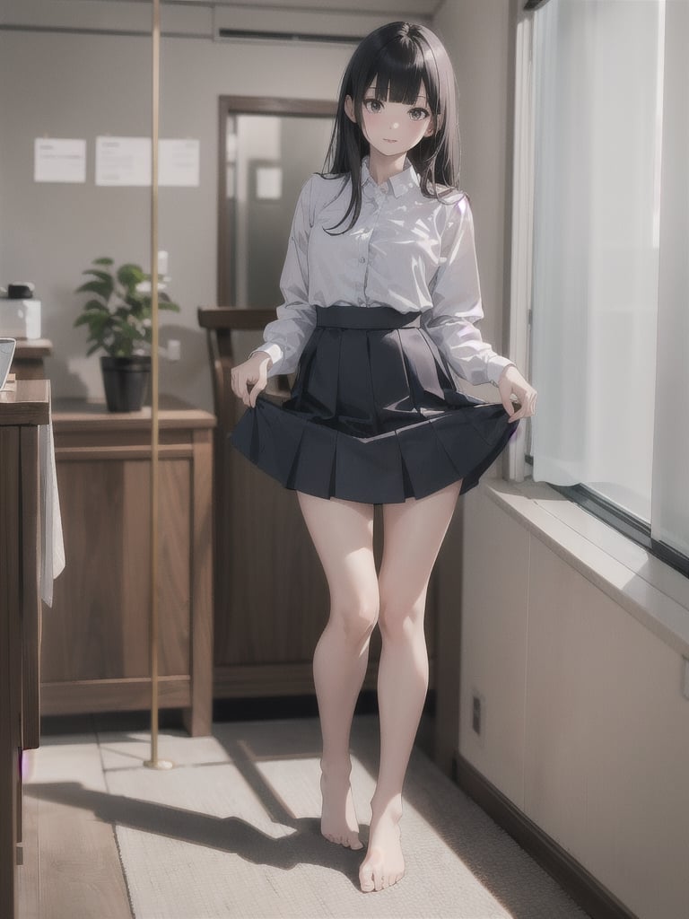 1girl, solo, long hair, looking at viewer, bangs, skirt, shirt, black hair, long sleeves, standing, full body, indoors, blunt bangs, black skirt, clothes lift, blue skirt, cosplay, no shoes, skirt lift, realistic, skirt hold