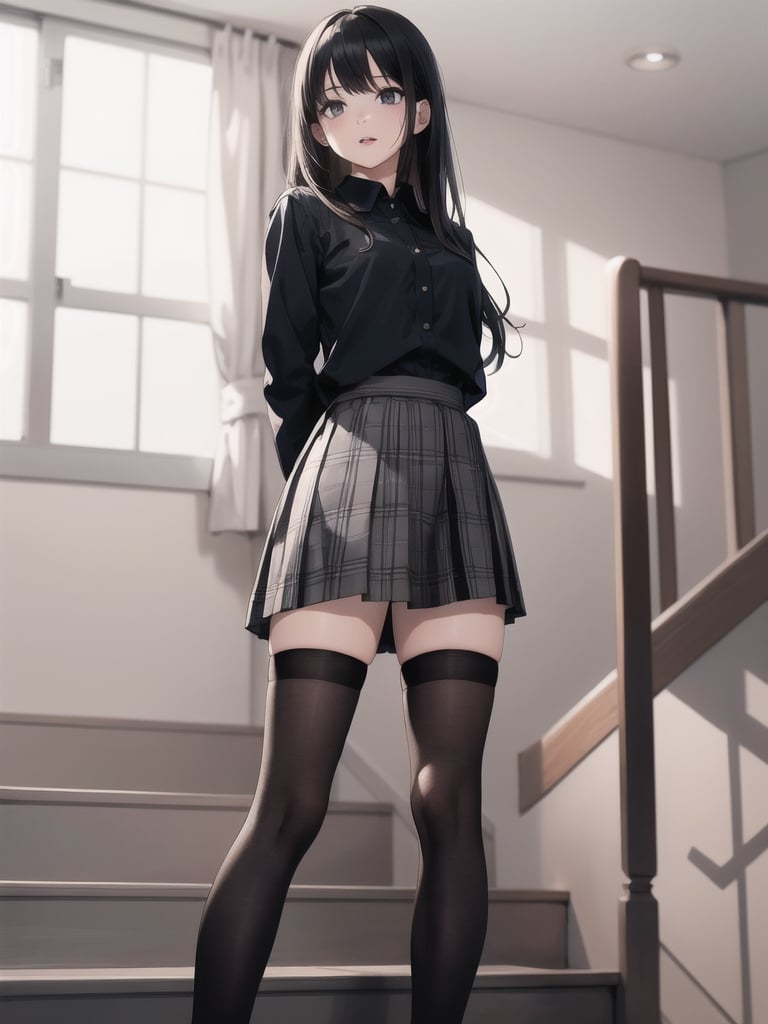 1girl, solo, long hair, bangs, skirt, shirt, black hair, thighhighs, long sleeves, standing, parted lips, black thighhighs, indoors, plaid, black shirt, plaid skirt, arms behind back, polka dot, grey skirt, stairs, realistic, over-kneehighs