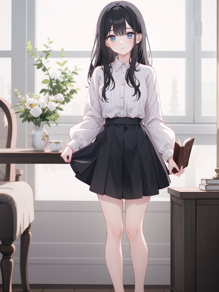 A young girl with long, black hair and striking features stands confidently in a well-lit indoor setting. Her gaze meets the viewer's as she proudly showcases her attire: a striped shirt and a flowing black skirt that falls just above her ankles. Bangs frame her heart-shaped face, while her long sleeves are rolled up slightly to reveal toned arms. A book clutched in her hand adds a touch of intelligence to her demure pose.