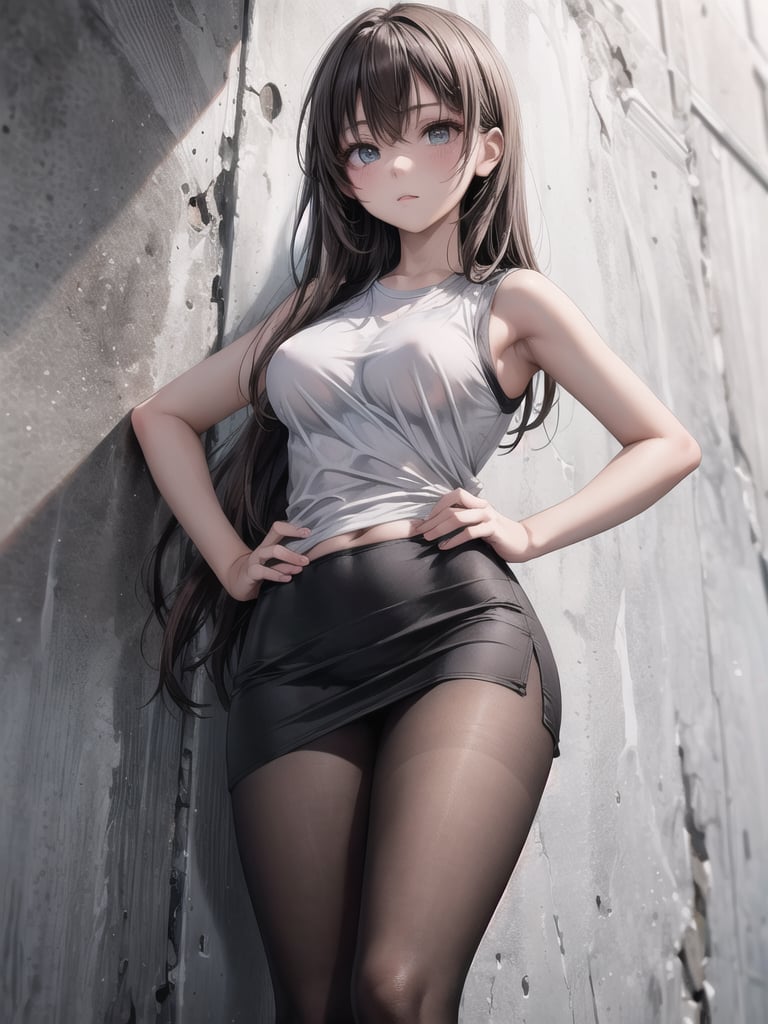 a young Asian woman stands against a stark white wall, her left arm resting on her hip. She is dressed in a gray sleeveless t-shirt, a black skirt, and dark brown tights. Her hair is long and cascades over her shoulders, framing her face. Her eyes are focused on the left side of the frame, adding a touch of attention to her outfit.