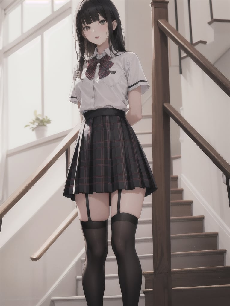 1girl, solo, long hair, bangs, skirt, shirt, black hair, thighhighs, standing, short sleeves, pleated skirt, black thighhighs, indoors, blunt bangs, zettai ryouiki, plaid, cosplay, plaid skirt, arms behind back, stairs, realistic, over-kneehighs