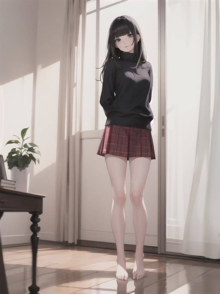 1girl, solo, long hair, bangs, skirt, black hair, standing, full body, barefoot, indoors, blunt bangs, feet, sweater, legs, book, bare legs, arms behind back, realistic