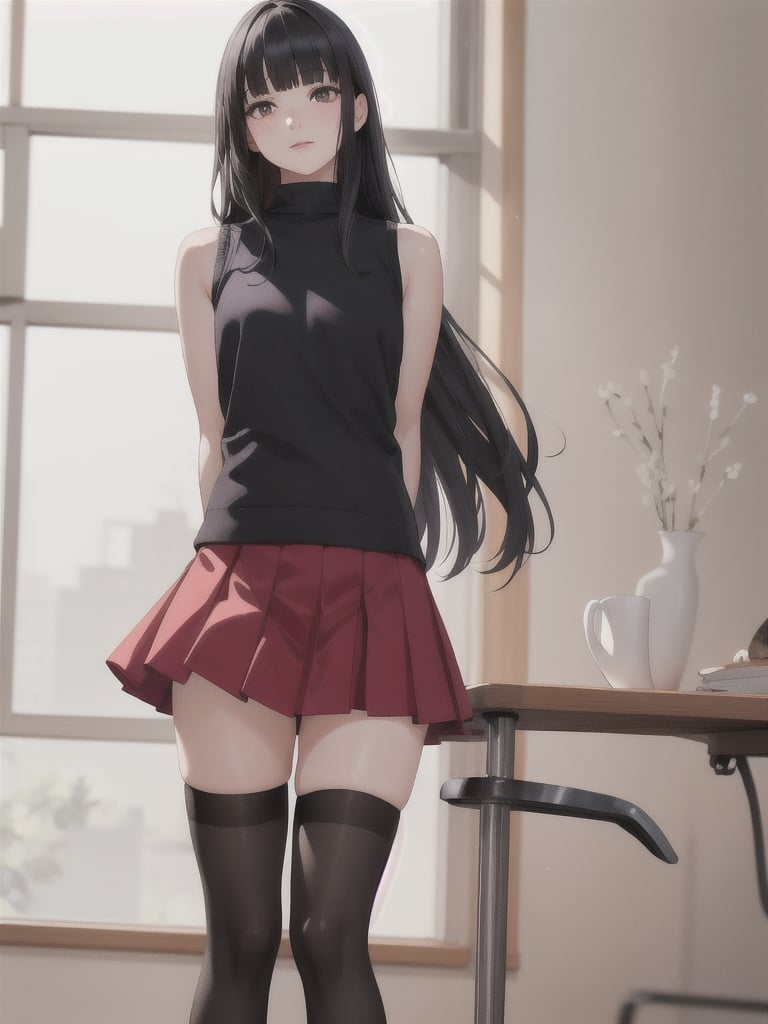 1girl, solo, long hair, bangs, skirt, black hair, thighhighs, standing, sleeveless, black thighhighs, indoors, blunt bangs, red skirt, arms behind back, realistic, over-kneehighs