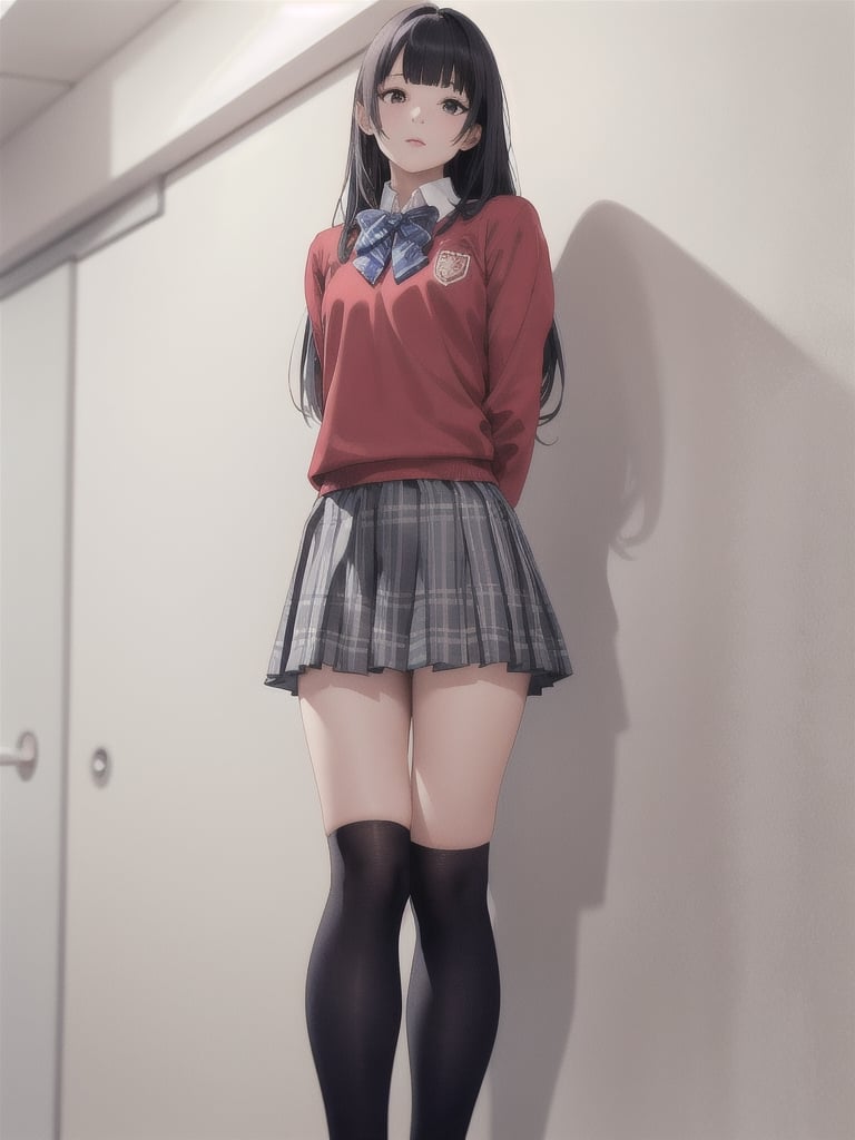 1girl, solo, long hair, looking at viewer, bangs, skirt, shirt, black hair, thighhighs, long sleeves, bow, school uniform, standing, pleated skirt, black thighhighs, indoors, miniskirt, blunt bangs, bowtie, blue skirt, plaid, kneehighs, cosplay, plaid skirt, arms behind back, red shirt, realistic, over-kneehighs