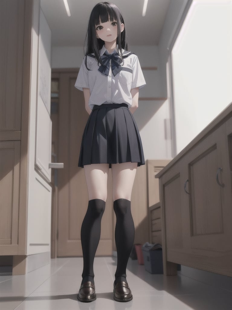 1girl, solo, long hair, skirt, shirt, black hair, school uniform, standing, full body, pleated skirt, shoes, socks, indoors, blunt bangs, kneehighs, arms behind back, black socks, realistic