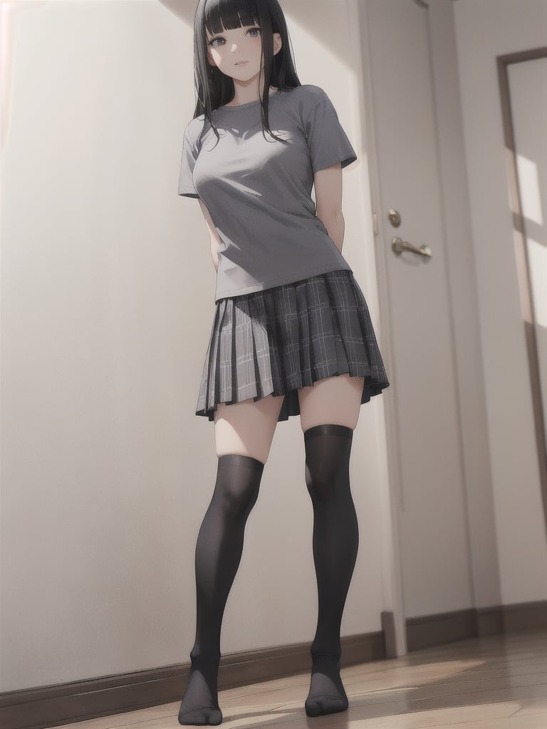 1girl, solo, long hair, breasts, bangs, skirt, shirt, black hair, thighhighs, standing, full body, short sleeves, pleated skirt, socks, black thighhighs, indoors, blunt bangs, plaid, plaid skirt, no shoes, arms behind back, grey shirt, realistic, over-kneehighs