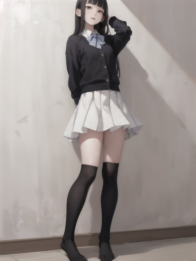 1girl, solo, long hair, bangs, skirt, shirt, black hair, long sleeves, standing, full body, frills, socks, indoors, blunt bangs, kneehighs, cosplay, no shoes, white skirt, frilled skirt, polka dot, black socks, arm behind back, hand in own hair, realistic, wall, over-kneehighs, polka dot skirt, polka dot shirt