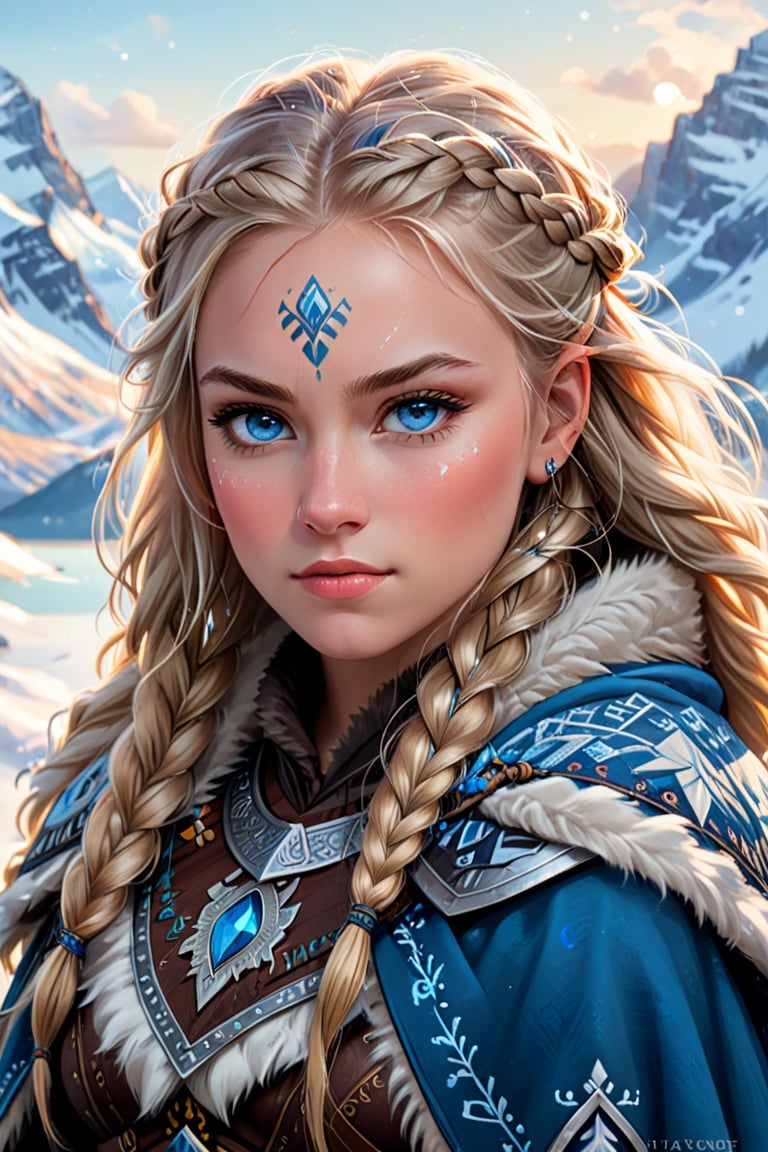 A fiercely proud Nordic girl stands, her presence exuding unwavering strength. Her blonde braids cascade down her back, framing a face marked by determination and resilience. This stunning portrait captures her piercing blue eyes, reflecting the icy landscapes of her homeland. The intricate details of her embroidered Viking armor and fur-lined cloak speak of her warrior spirit. This high-quality painting seamlessly combines power and grace, drawing the viewer into the captivating story of a fierce Nordic warrior princess. playful body manipulations, divine proportion, non-douche smile, gaze into the camera, holographic shimmer, whimsical lighting, enchanted ambiance, soft textures, imaginative artwork, ethereal glow, silent Luminescence, whispering Silent, iridescent Encounter, vibrant background, by Skyrn99, full body, (((rule of thirds))), high quality, high detail, high resolution, (bokeh:2), backlight, long exposure:2