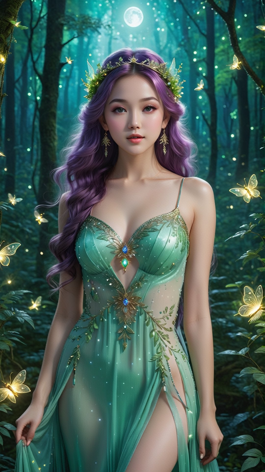 high quality, 8K Ultra HD, highly realistic, 20-year-old beautiful cute Ethereal Enchantress of the Celestial Woods, In a forest drenched in moonlight, the 20-year-old beautiful cute Ethereal Enchantress roams, her presence evoking a sense of otherworldly grace, Her flowing gown blends seamlessly with the surrounding flora, adorned with celestial symbols that shimmer with a faint glow, Enchanted woodland creatures, such as luminescent fireflies and whispering spirits, accompany her, creating an aura of magical harmony, The color palette features mystical purples, luminescent greens, and soft moonlit whites, capturing the essence of an ethereal night in the celestial woods, by yukisakura, octane render, Isometric, 