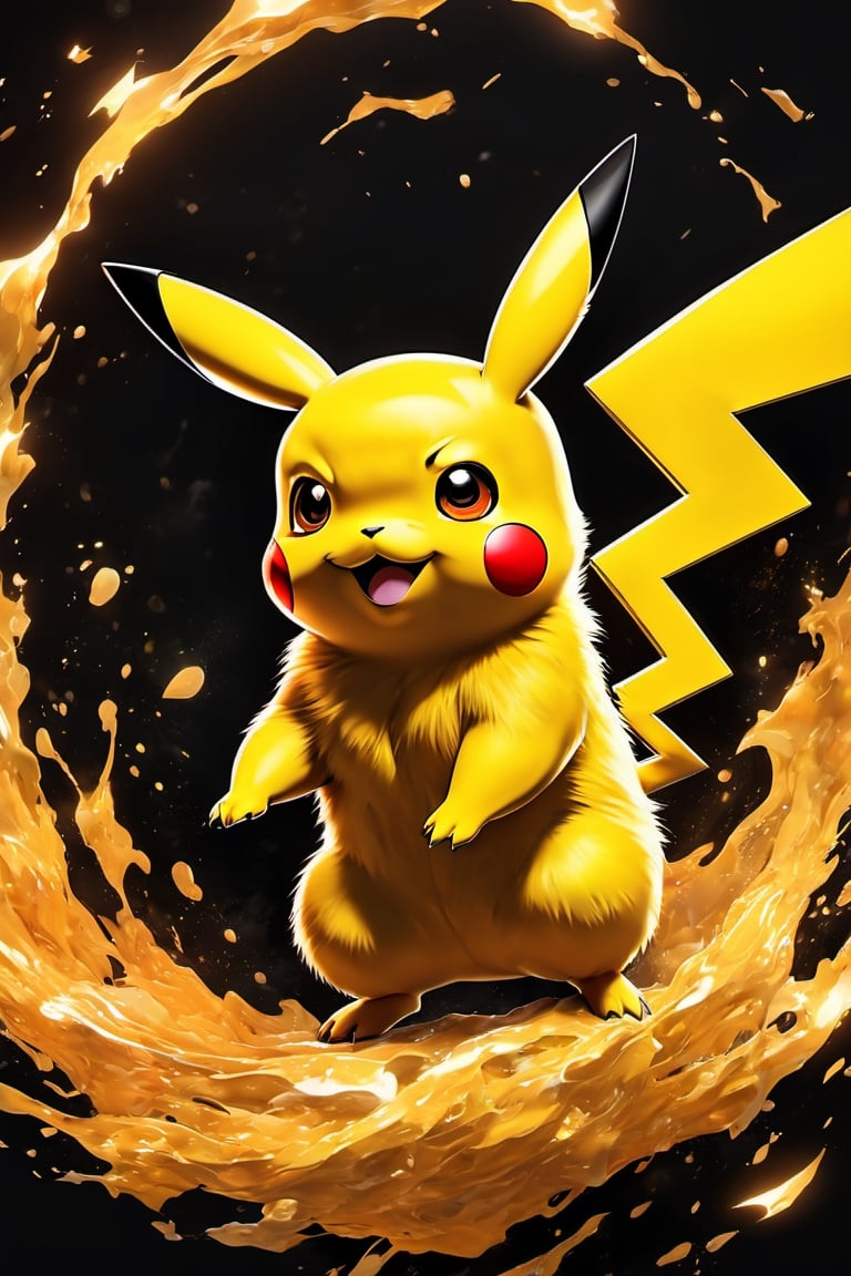 Pikachu, Hyperdetailed Eyes, Tee-Shirt Design, Line Art, Black Background, Ultra Detailed Artistic, Detailed Gorgeous Face, Natural Skin, Water Splash, Colour Splash Art, Fire and Ice, Splatter, Black Ink, Liquid Melting, Dreamy, Glowing, Glamour, Glimmer, Shadows, Oil On Canvas, Brush Strokes, Smooth, Ultra High Definition, 8k, Unreal Engine 5, Ultra Sharp Focus, Intricate Artwork Masterpiece, Ominous, Golden Ratio, Highly Detailed, Vibrant, Production Cinematic Character Render, Ultra High Quality Model