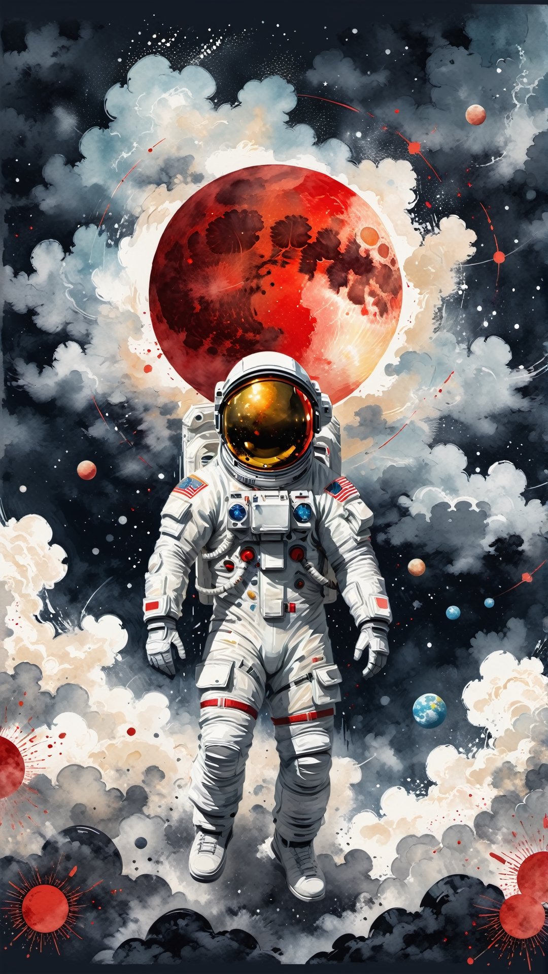 A detailed illustration muted chinese ink painting, muted colors, rice paper texture, splash paint, halo astronaut, one red sun. Venus. Space. Clouds wet to wet techniques. cvibrant vector. using Cinema 4D