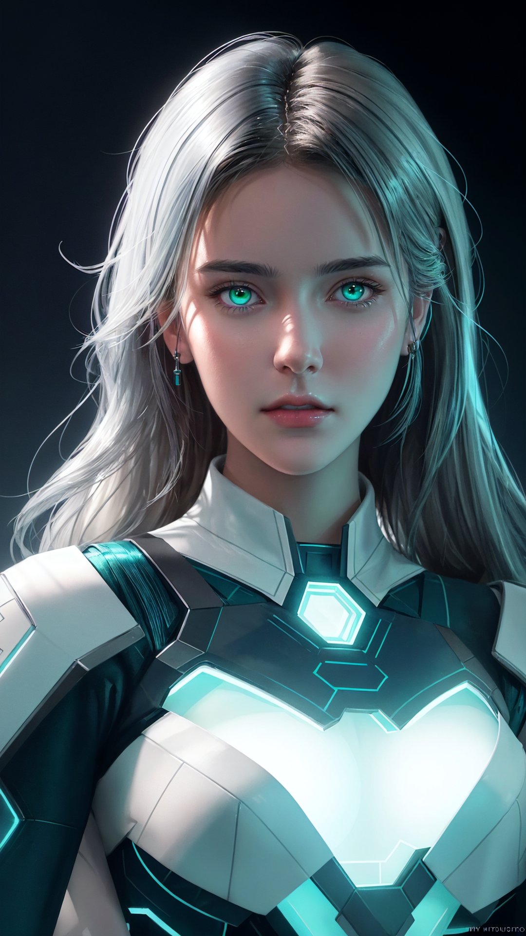 Teddi Mansueto, Realistic  Photograph of a mechanic girl, sci-fi, shot, centered, blue green color gel lighting, geometric shadows, glowing lights, symmetry, depth of field, intricate, elegant, highly detailed, digital painting, artstation, concept art, silver and white futuristic costume, smooth, sharp focus, illustration, as imagined by greg rutkowski and borris vallejo,perfecteyes,Detailedface