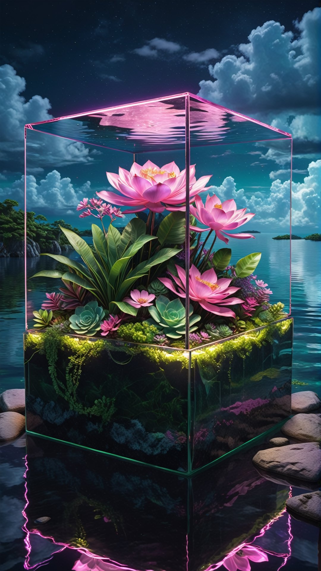 Witness the grandeur of a square box made of glass, pink purple and green plants are inside the box, water and a small ship is also inside the box, box is placed on a rock, trees and flowers, clouds on the sky, intricate details, hyperrealistic photography, 8k, neon lights, nighttime, ultra dark theme