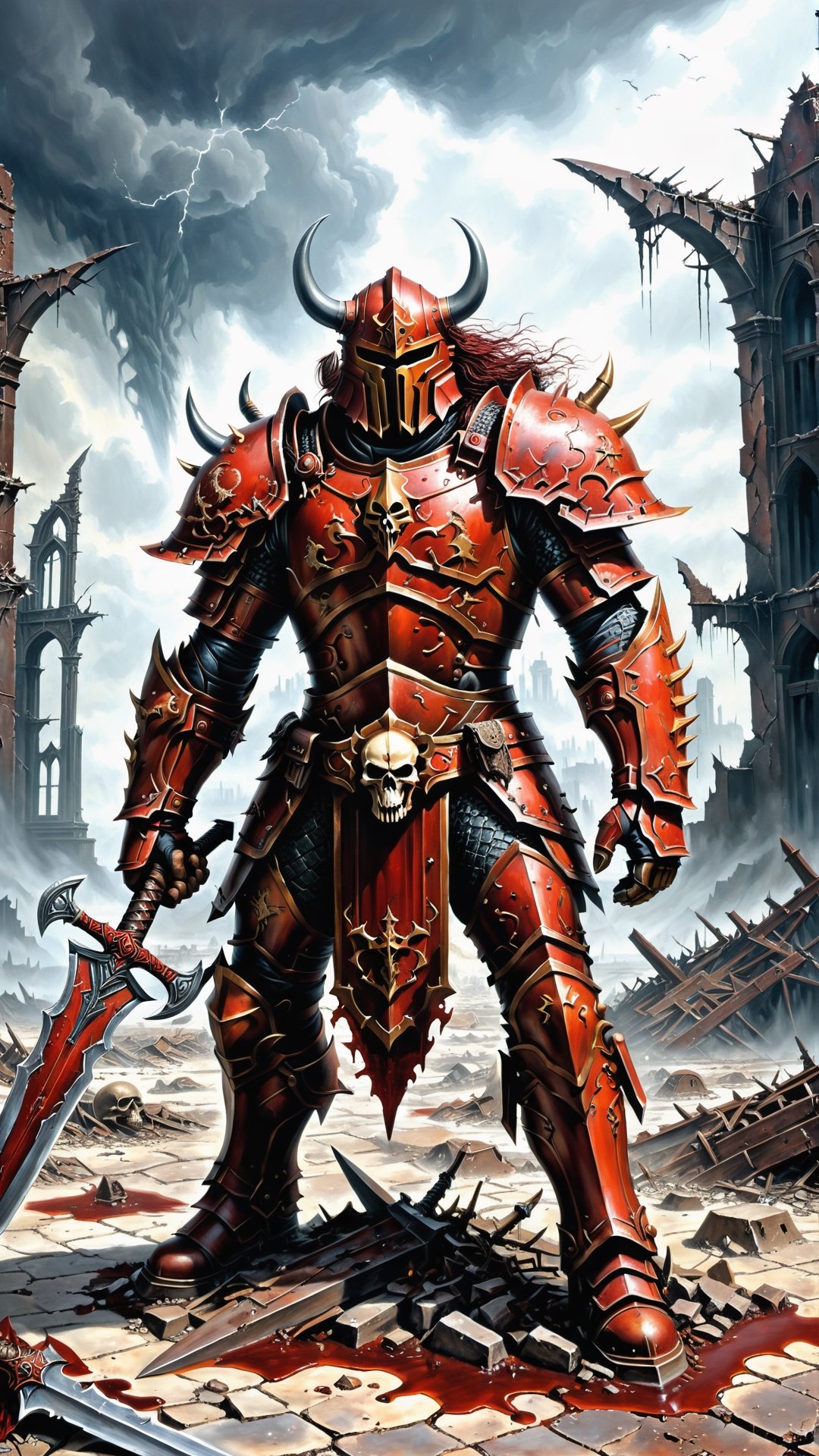 metal maden male chaos warrior of khorne in armor is holding a great sword in a ruined post-apocalyptic city, sci-fi, fantasy, horror, skulls on the ground, blood, Tornado, Roman, Empty chairs,Tangled roots,Key, Warped,Mangled,Ethereal, (Isolation:1.1), (Glaze:1.1), (Reflected light:1.2), Glass, Polygon, ultra detailed, intricate, oil on canvas, dry brush, (surrealism:1.1), (disturbing:1.1)