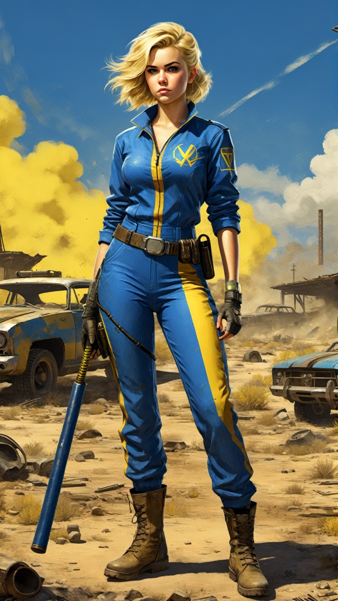  a young 20 years old blonde girl in a blue jumpsuit with a yellow stripe from the game fallout, vault suite, vault dweller, holding a metal baseball bat with wire, a pistol in a holster on her belt, stands in the middle of the wasteland, digital art,