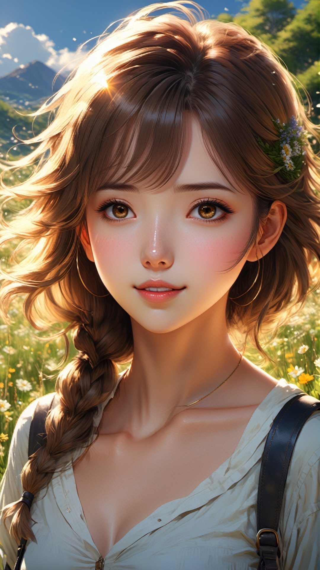 high quality, 8K Ultra HD, masterpiece, beautiful girl, A digital illustration of anime style, digital paintings of her, beautiful face, A beautiful girl walking with a bag on a grassy field, surrounded by a vast expanse of greenery and wildflowers, Her hair is gently swaying in the breeze, and the sun is shining down on her, casting a warm glow on her skin, heroines, delicate skin, beautiful hair, large eyes, three dimensional effect, enhanced beauty, Albert Anker, Feeling like Albert Anker, Kyoto Animation, Feeling like Kyoto Animation, brown hair, a little smile, luminism, black eye, 3d render, octane render, cinematic, Isometric, by yukisakura, awesome full color, ,detailmaster2