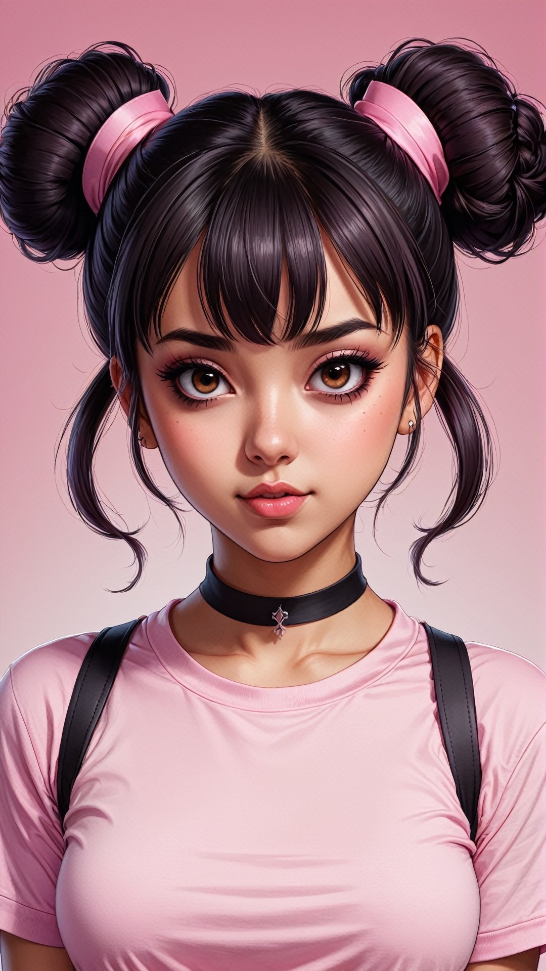 medium shot, (cell shading style: 1.3), centered image, ultra detailed illustration of cute white 23 year old female , black double bun hair and bangs, wears a pink t-shirt, is a vampire, Brown eyes. (tetradic colors), inkpunk, (ink lines: 1.1), strong outlines, art by MSchiffer, bold strokes, no frame, high contrast, (cel-shaded: 1.1), vector, 32k resolution, best quality, colors flat, flat lights