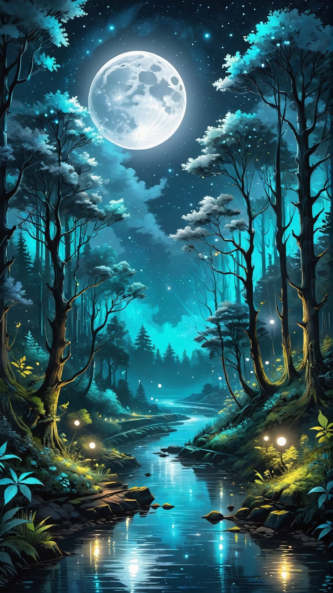 Beautiful enchanted forest illuminated at night sky full moon star bioluminescent trees rivers plants gray digital painting, cyberpunk